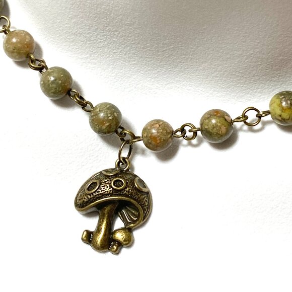 Natural Earthy Unakite Necklace, Cute Bronze Round Mushroom + Genuine Gemstone - Picture 1 of 16